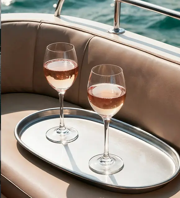 Duas taças de rosé sobre bandeja prateada no estofado de um iate